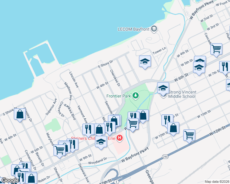 map of restaurants, bars, coffee shops, grocery stores, and more near 426 Shawnee Drive in Erie