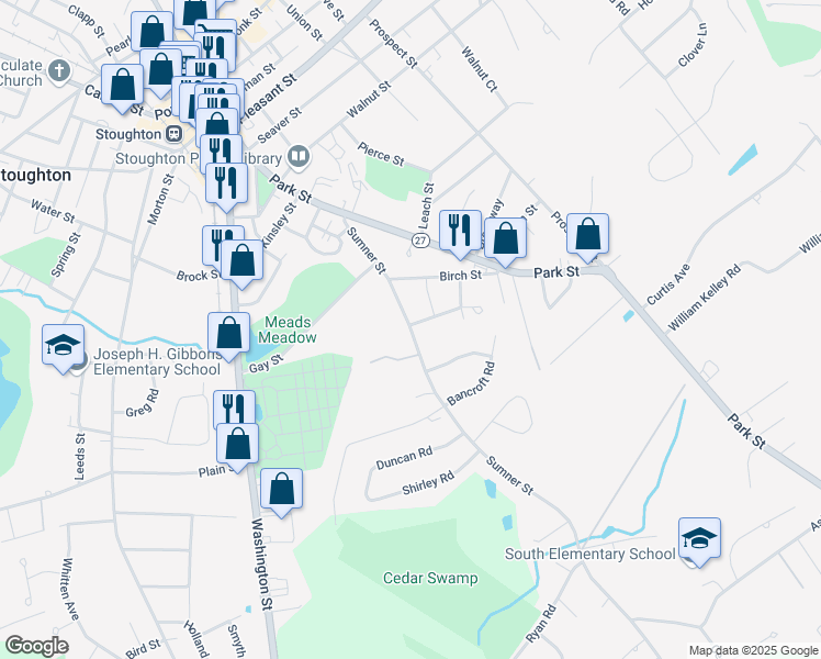 map of restaurants, bars, coffee shops, grocery stores, and more near 148 Sumner Street in Stoughton