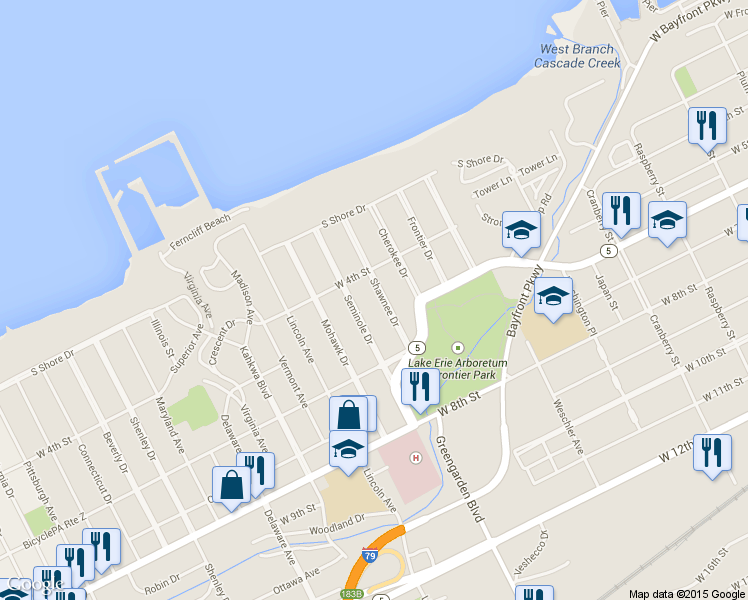 map of restaurants, bars, coffee shops, grocery stores, and more near 426 Shawnee Drive in Erie