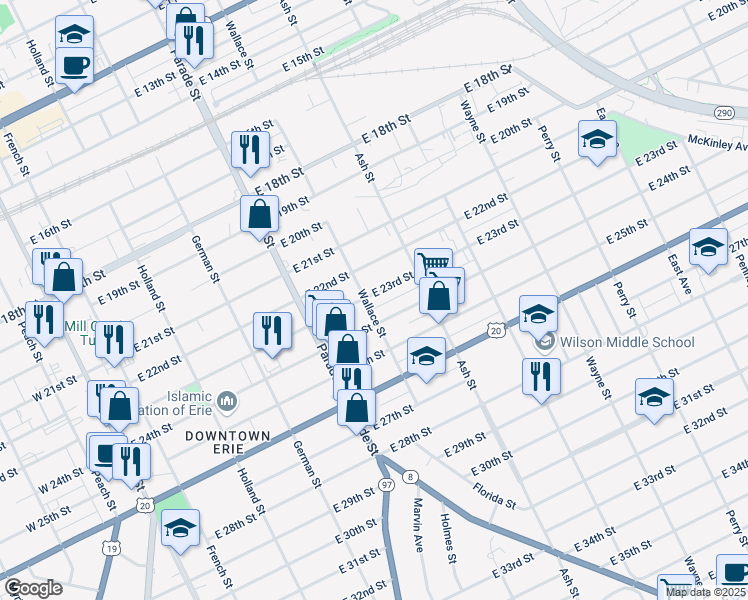 map of restaurants, bars, coffee shops, grocery stores, and more near 507 East 23rd Street in Erie