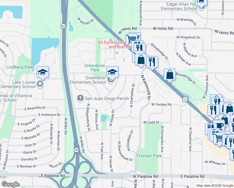 map of restaurants, bars, coffee shops, grocery stores, and more near 2324 North Lafayette Street in Arlington Heights
