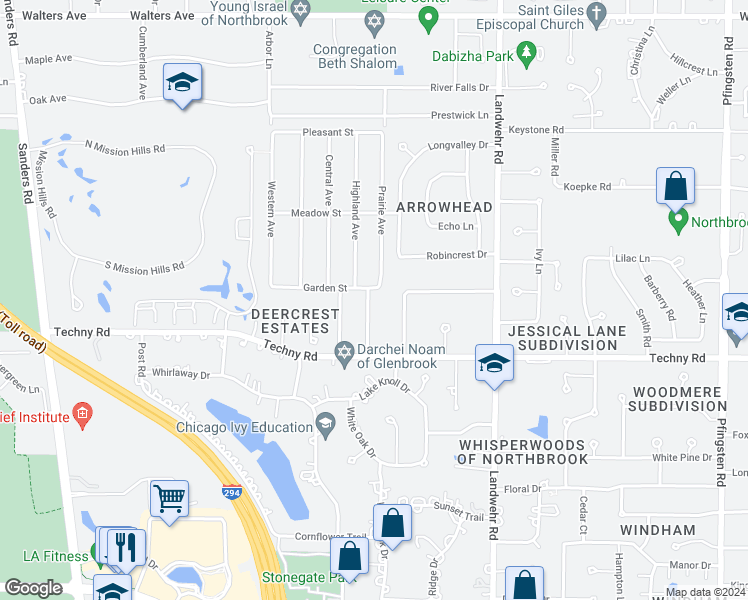 map of restaurants, bars, coffee shops, grocery stores, and more near 1901 Highland Avenue in Northbrook