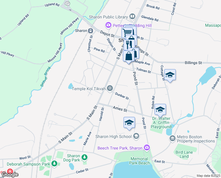 map of restaurants, bars, coffee shops, grocery stores, and more near 45 Bradford Avenue in Sharon