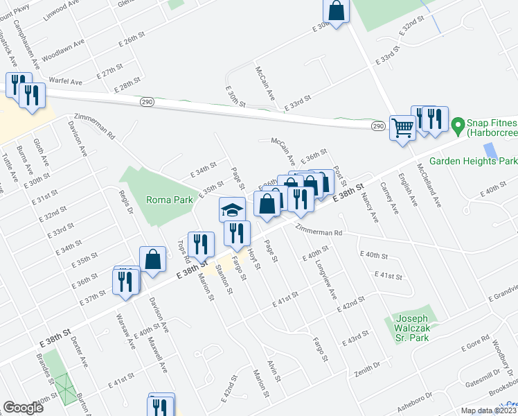 map of restaurants, bars, coffee shops, grocery stores, and more near 3626 Zimmerman Road in Erie
