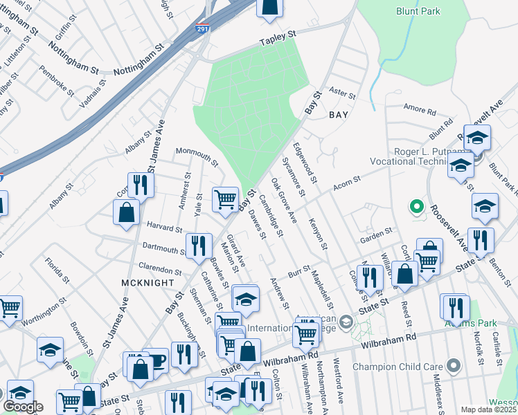 map of restaurants, bars, coffee shops, grocery stores, and more near 34 Cambridge Street in Springfield
