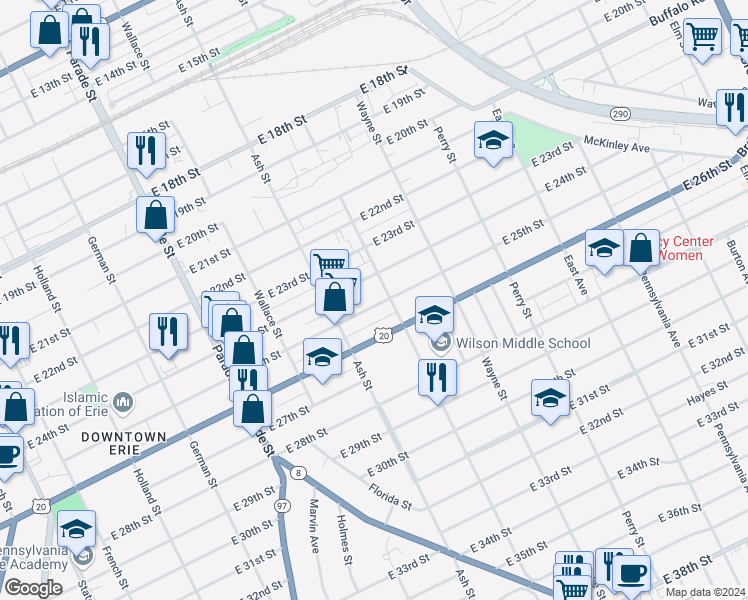 map of restaurants, bars, coffee shops, grocery stores, and more near 646 East 25th Street in Erie