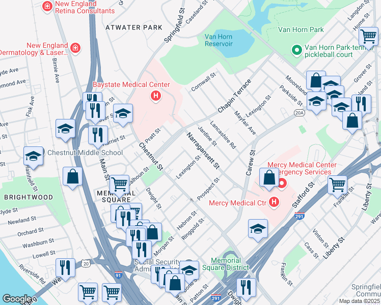 map of restaurants, bars, coffee shops, grocery stores, and more near 175 Massasoit Street in Springfield