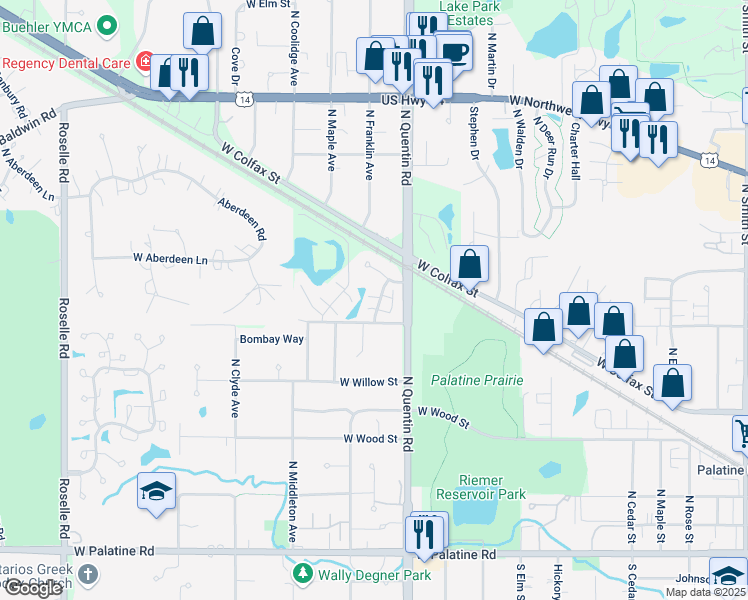 map of restaurants, bars, coffee shops, grocery stores, and more near 424 North Cambridge Drive in Palatine