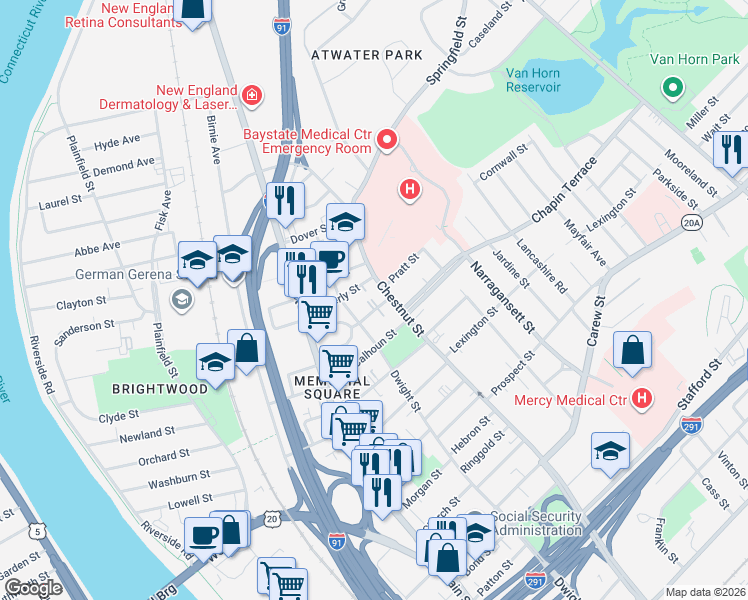 map of restaurants, bars, coffee shops, grocery stores, and more near 82 Alexander Street in Springfield