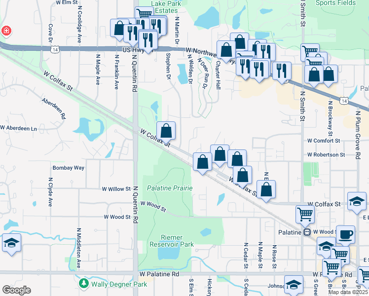 map of restaurants, bars, coffee shops, grocery stores, and more near 425 Stephen Drive in Palatine