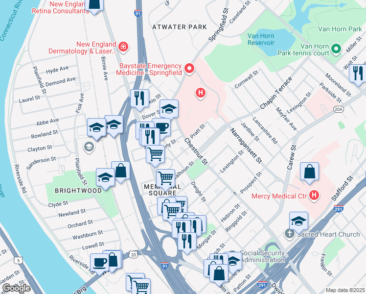 map of restaurants, bars, coffee shops, grocery stores, and more near 82 Alexander St in Springfield