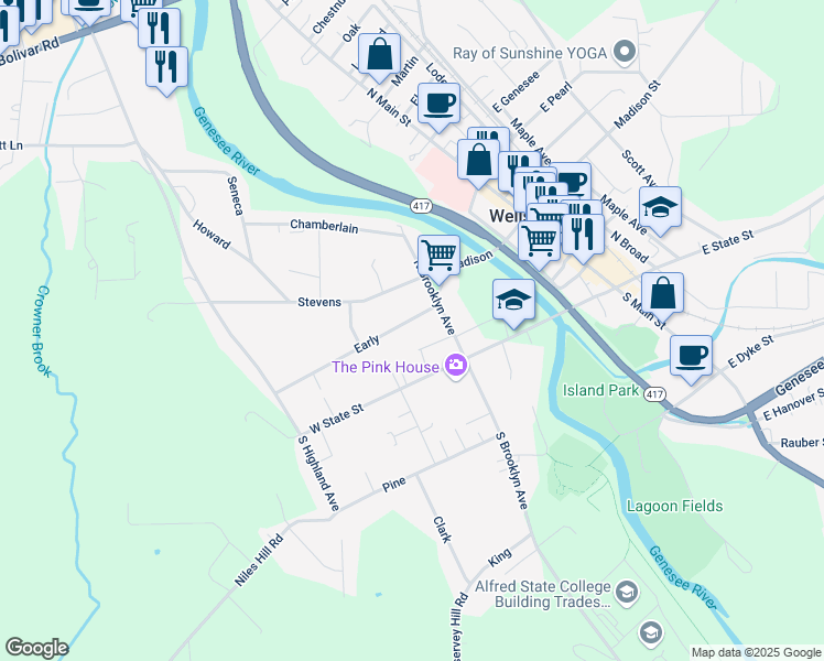 map of restaurants, bars, coffee shops, grocery stores, and more near 33 Early in Wellsville