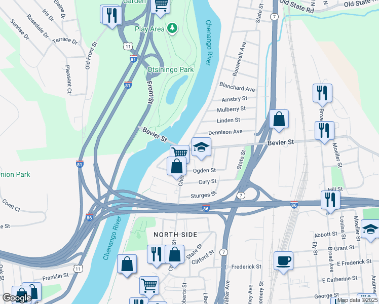 map of restaurants, bars, coffee shops, grocery stores, and more near 526 Chenango Street in Binghamton