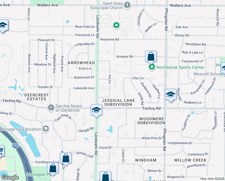 map of restaurants, bars, coffee shops, grocery stores, and more near 1845 Ivy Ln in Northbrook