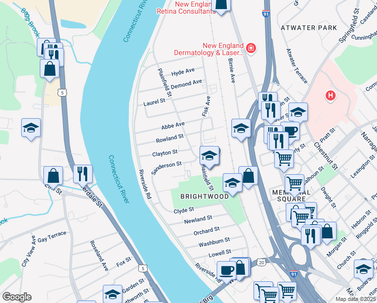 map of restaurants, bars, coffee shops, grocery stores, and more near 5 Clayton Street in Springfield