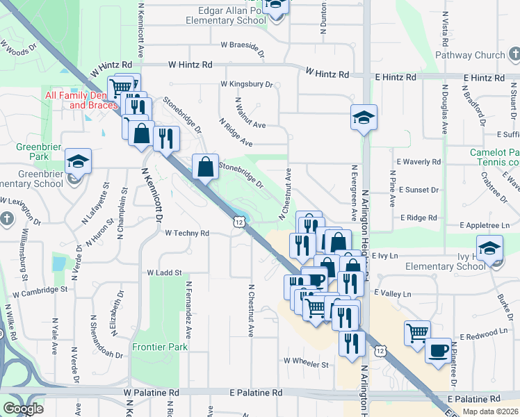 map of restaurants, bars, coffee shops, grocery stores, and more near 400 West Rand Road in Arlington Heights