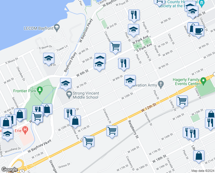 map of restaurants, bars, coffee shops, grocery stores, and more near 1115 West 8th Street in Erie
