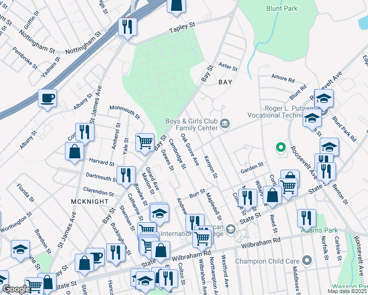 map of restaurants, bars, coffee shops, grocery stores, and more near 220-222 Oak Grove Avenue in Springfield