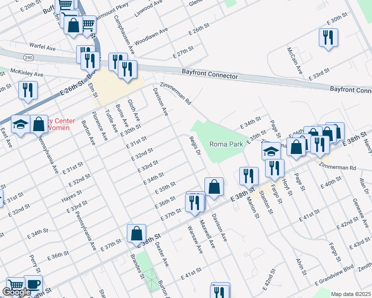 map of restaurants, bars, coffee shops, grocery stores, and more near 3301 Davison Avenue in Erie