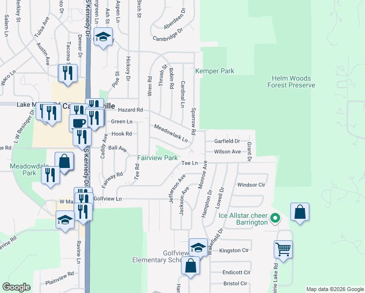 map of restaurants, bars, coffee shops, grocery stores, and more near 24 Sparrow Road in Carpentersville
