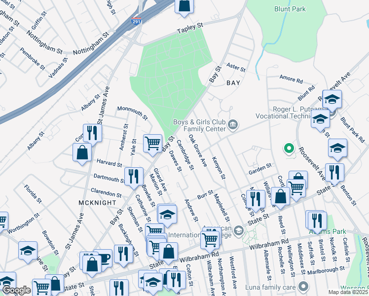 map of restaurants, bars, coffee shops, grocery stores, and more near 39 Cambridge Street in Springfield
