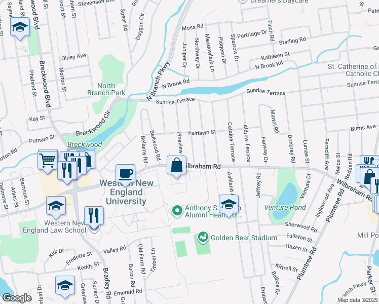 map of restaurants, bars, coffee shops, grocery stores, and more near 30 Denwall Drive in Springfield