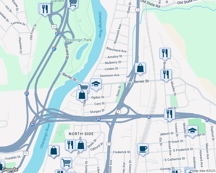 map of restaurants, bars, coffee shops, grocery stores, and more near 32 Bevier Street in Binghamton