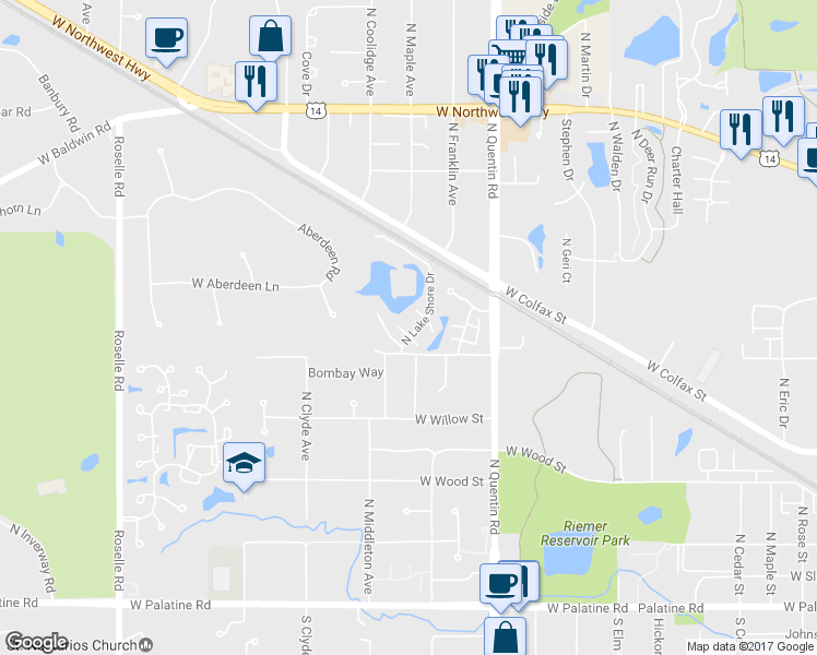 map of restaurants, bars, coffee shops, grocery stores, and more near 480 North Lake Shore Drive in Palatine