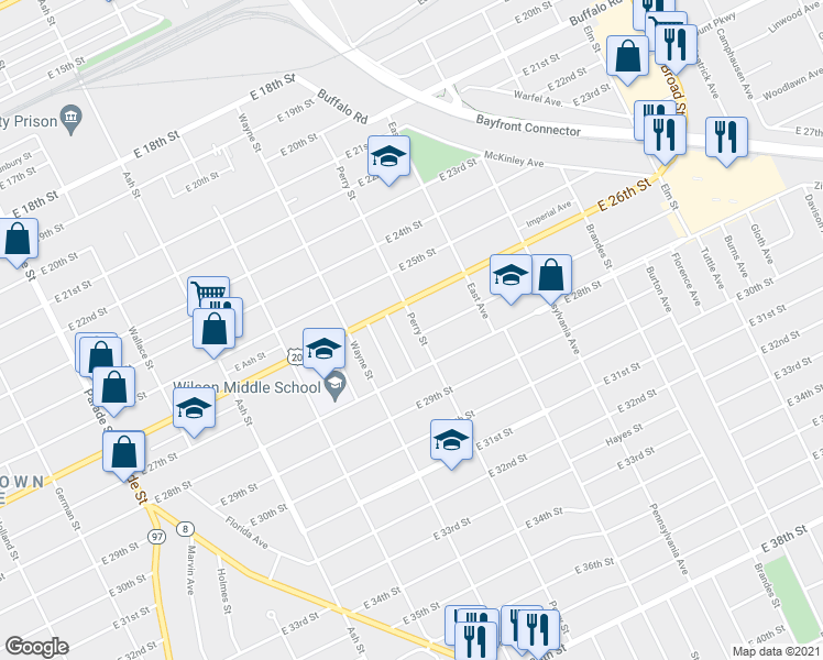 map of restaurants, bars, coffee shops, grocery stores, and more near 2626 Perry Street in Erie
