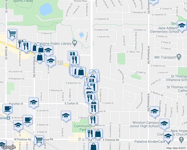 map of restaurants, bars, coffee shops, grocery stores, and more near 435 North Hicks Road in Palatine