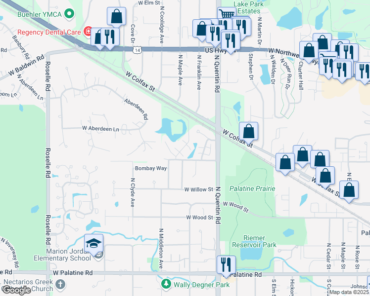 map of restaurants, bars, coffee shops, grocery stores, and more near 427 North Lake Shore Drive in Palatine