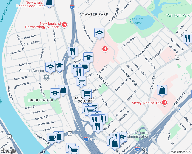 map of restaurants, bars, coffee shops, grocery stores, and more near 82 Alexander Street in Springfield