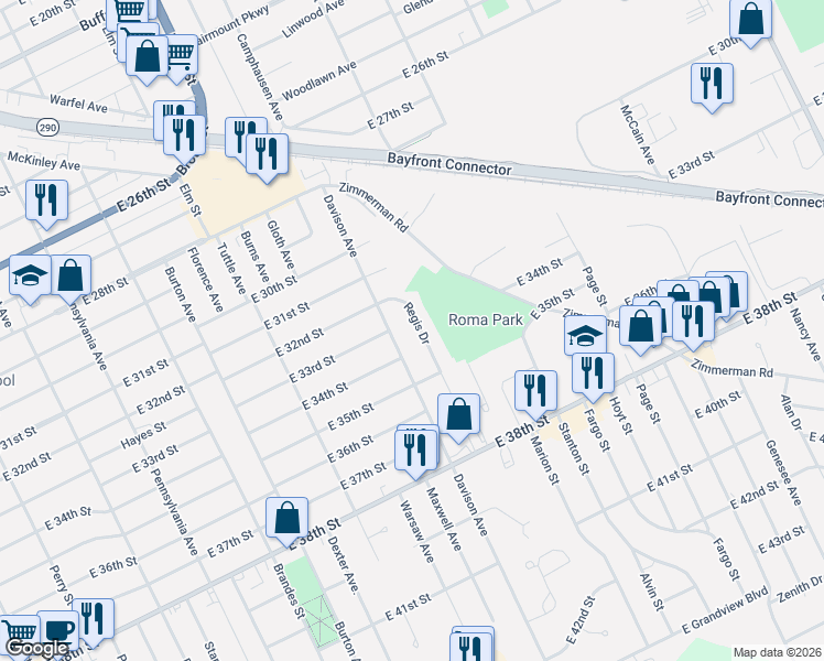 map of restaurants, bars, coffee shops, grocery stores, and more near 3313 Regis Drive in Erie