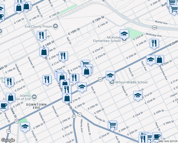 map of restaurants, bars, coffee shops, grocery stores, and more near 611 East 24th Street in Erie
