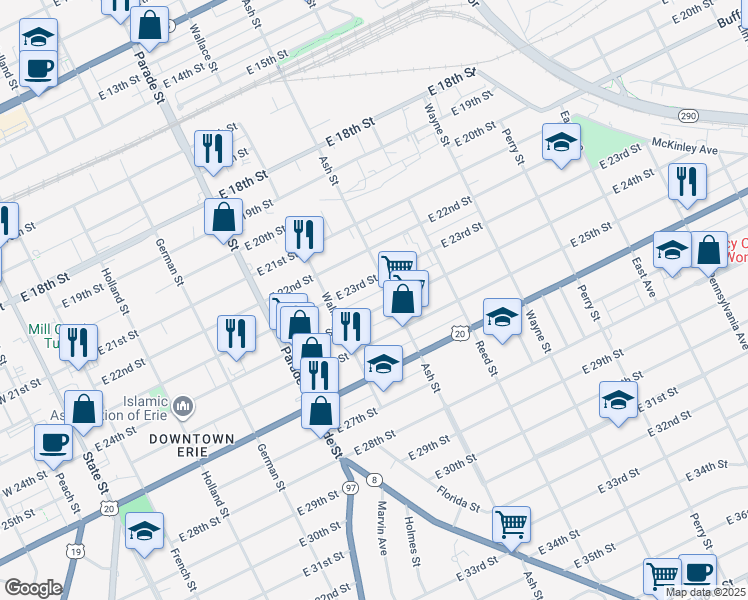 map of restaurants, bars, coffee shops, grocery stores, and more near 542 East 24th Street in Erie