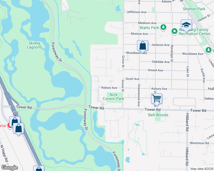 map of restaurants, bars, coffee shops, grocery stores, and more near 1581 Asbury Avenue in Winnetka