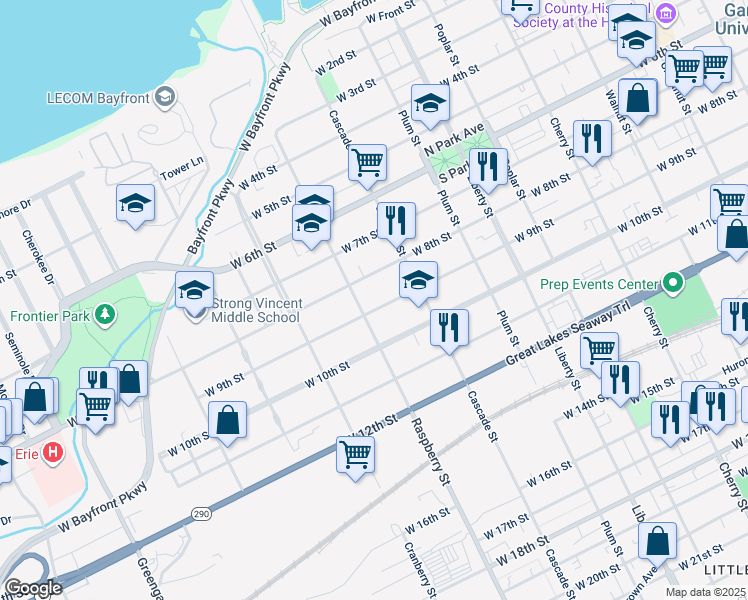map of restaurants, bars, coffee shops, grocery stores, and more near 1050 W 9th St in Erie