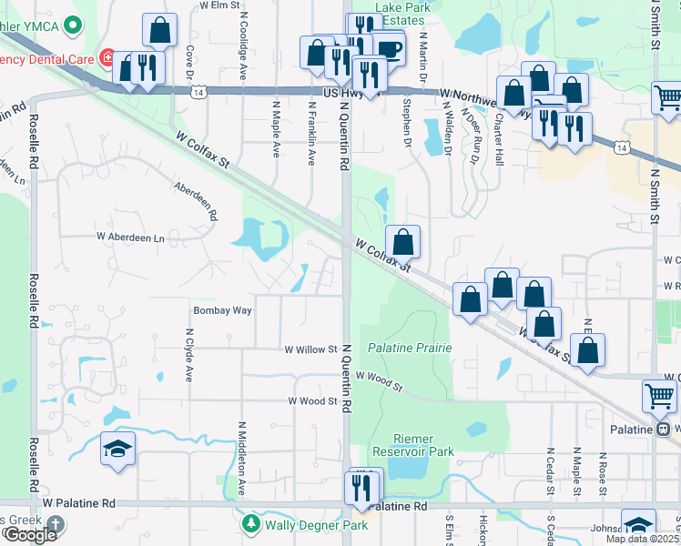 map of restaurants, bars, coffee shops, grocery stores, and more near 459 North Cambridge Drive in Palatine