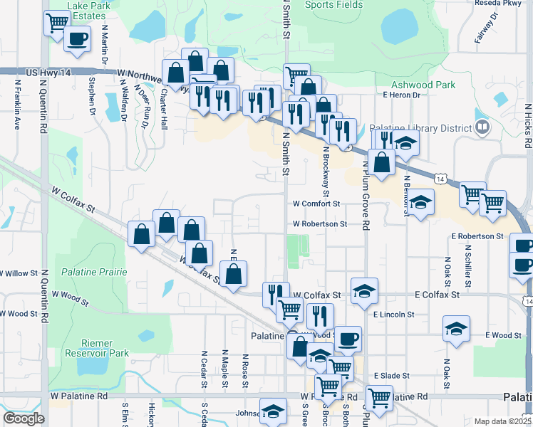 map of restaurants, bars, coffee shops, grocery stores, and more near 429 North Carter Street in Palatine