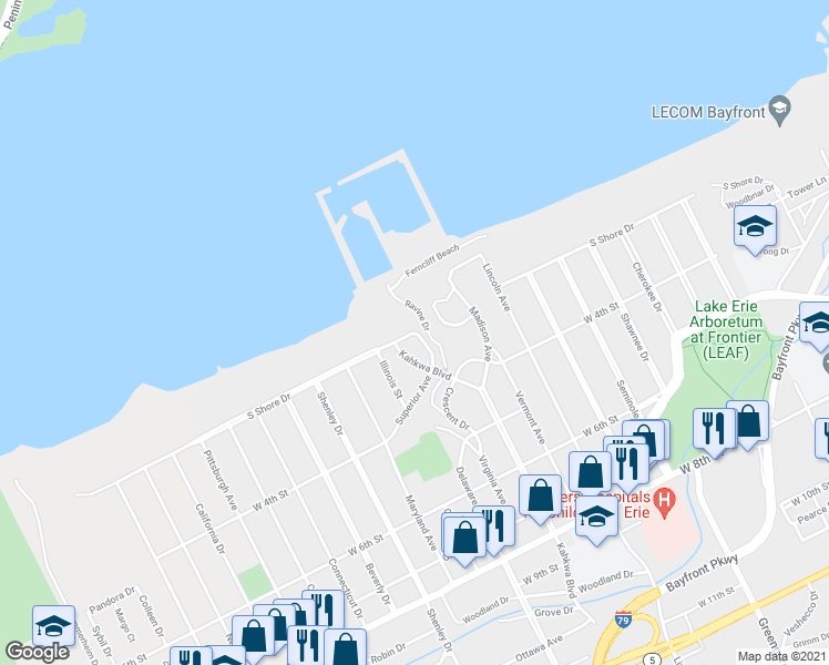 map of restaurants, bars, coffee shops, grocery stores, and more near 1855 South Shore Drive in Erie