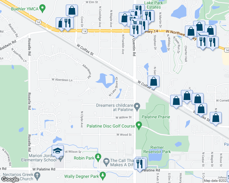 map of restaurants, bars, coffee shops, grocery stores, and more near 431 North Lake Shore Drive in Palatine