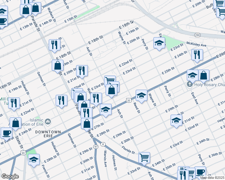 map of restaurants, bars, coffee shops, grocery stores, and more near 611 East 24th Street in Erie