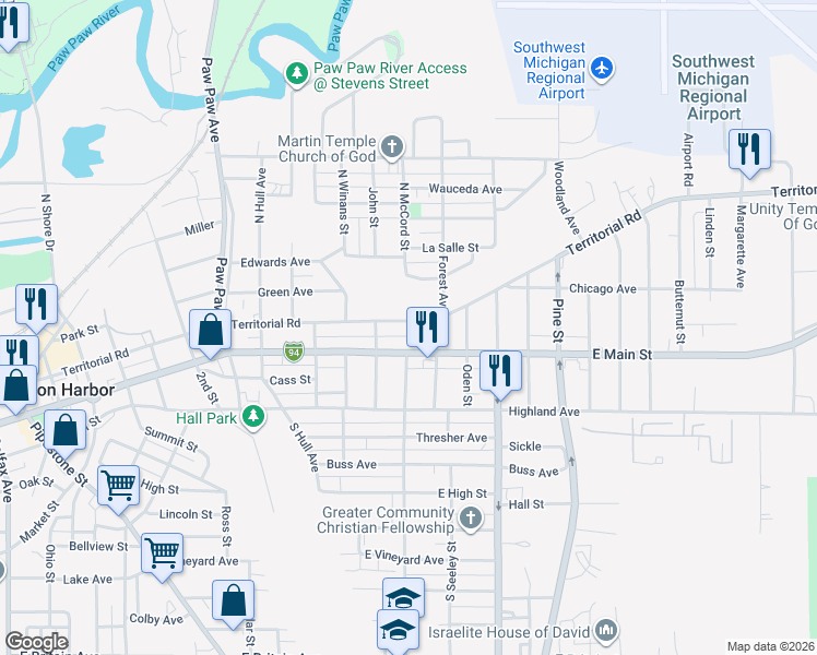 map of restaurants, bars, coffee shops, grocery stores, and more near 754 Territorial Road in Benton Harbor
