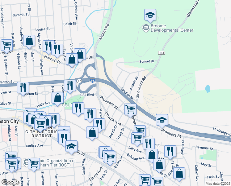 map of restaurants, bars, coffee shops, grocery stores, and more near 46 Adams St in Binghamton