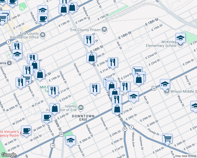map of restaurants, bars, coffee shops, grocery stores, and more near 2120 Parade Street in Erie