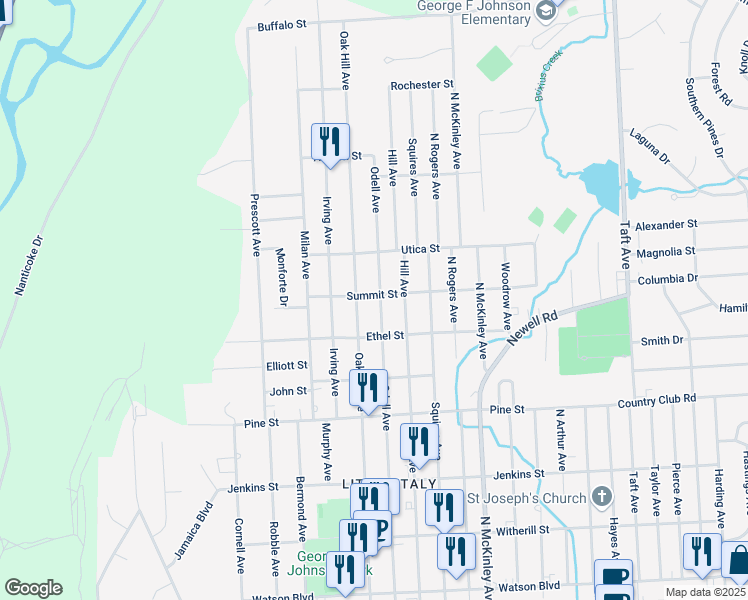 map of restaurants, bars, coffee shops, grocery stores, and more near 619 Odell Avenue in Endicott