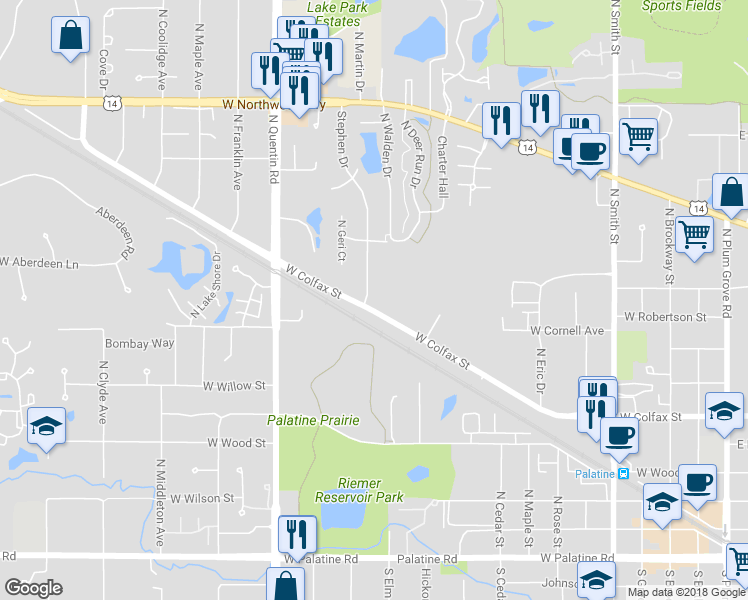 map of restaurants, bars, coffee shops, grocery stores, and more near 425 Stephen Drive in Palatine