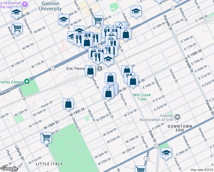 map of restaurants, bars, coffee shops, grocery stores, and more near 1630 Peach Street in Erie