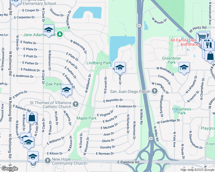 map of restaurants, bars, coffee shops, grocery stores, and more near 445 North Everett Drive in Palatine
