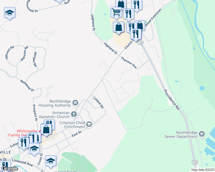 map of restaurants, bars, coffee shops, grocery stores, and more near 101 Deane Way in Northbridge